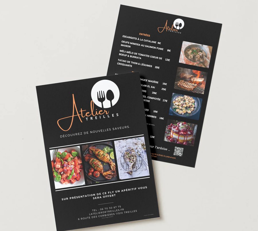 Flyer de L'Atelier de Treilles avec photos de plats et carte